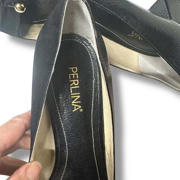 Perlina Pumps Peaches Low Block Heel Gold Details Suede and Patent Leather 9.5M - Picture 11 of 16